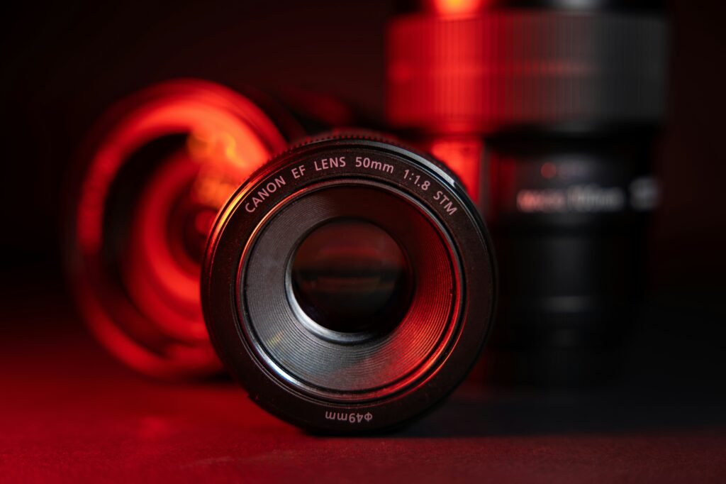 black and red camera lens